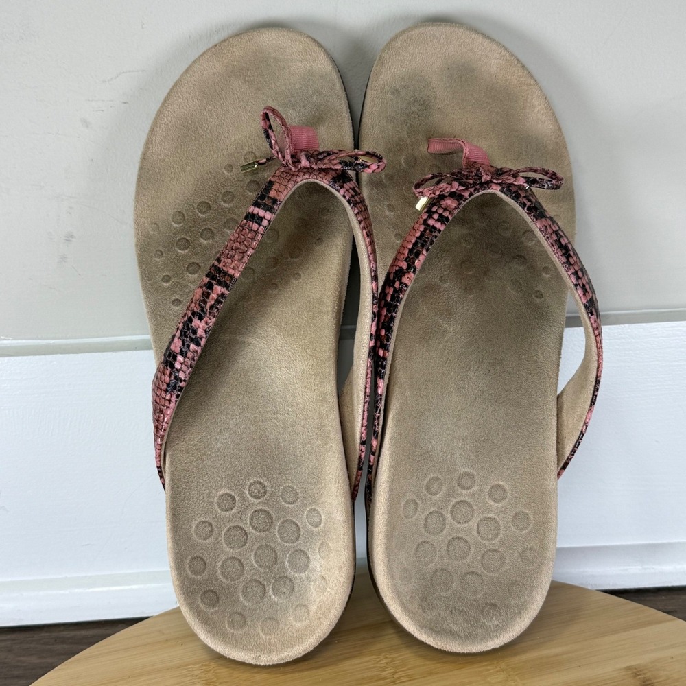 Vionic Bella II Sandal Women 10 Pink Snakeskin Bow Thong Flip Flop Summer Beach